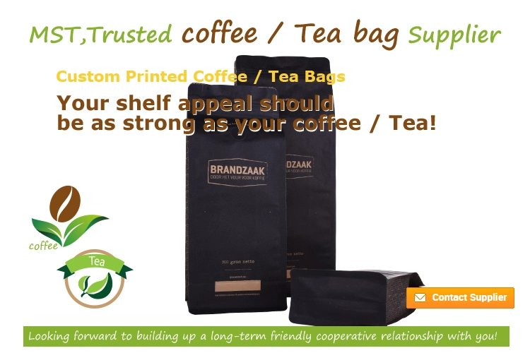 Biodegradable Custom Printed Square Bottom Front Zipper Black Kraft Paper Food Coffee Bean Packaging Bag